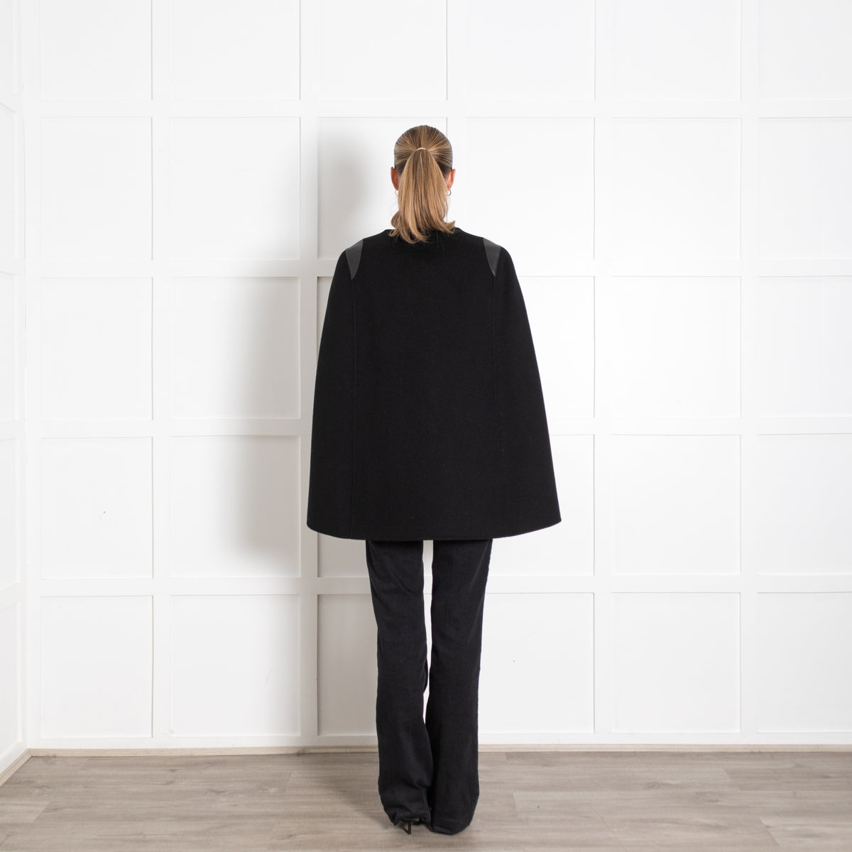 Joseph Black Wool Cape with Leather Shoulder Trim