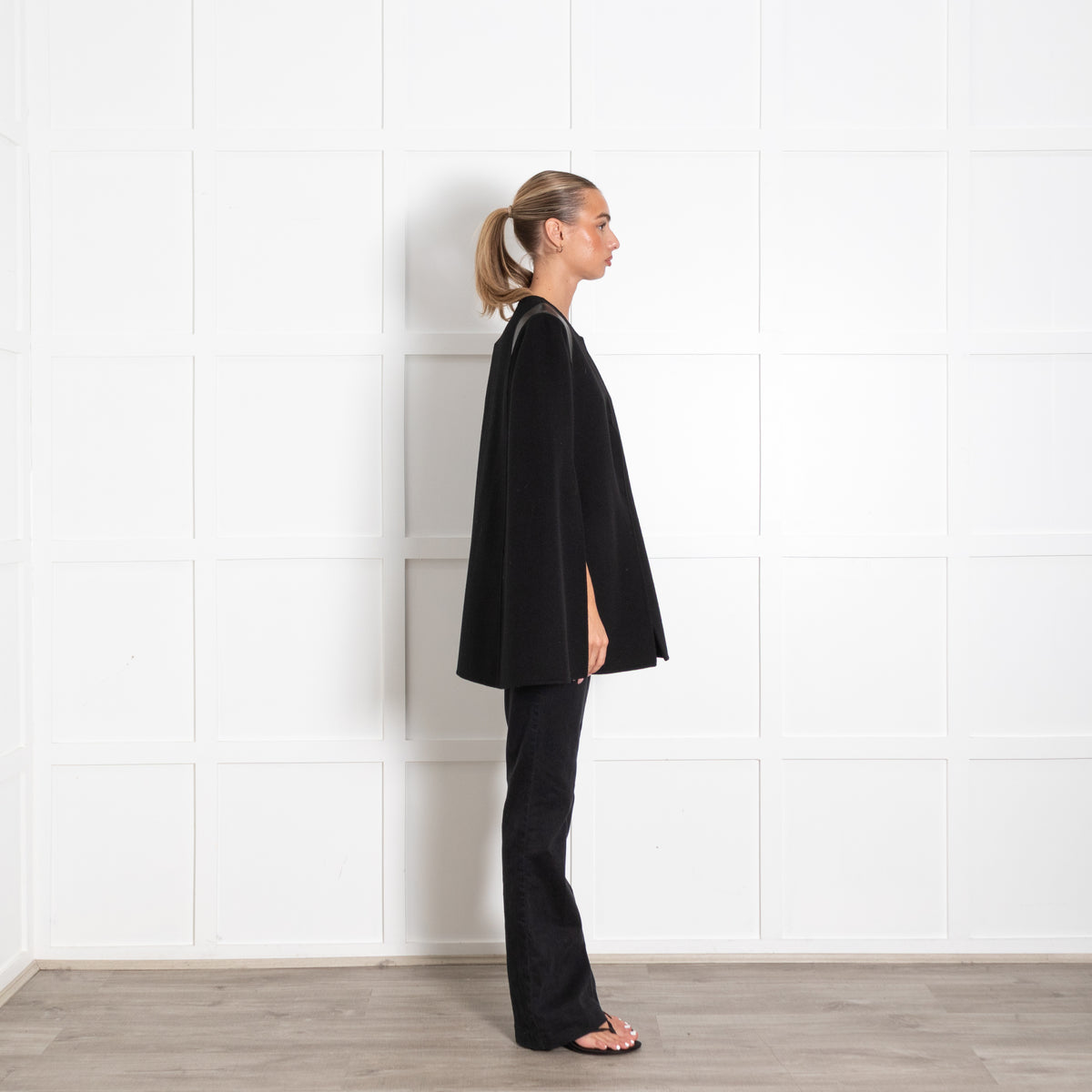 Joseph Black Wool Cape with Leather Shoulder Trim