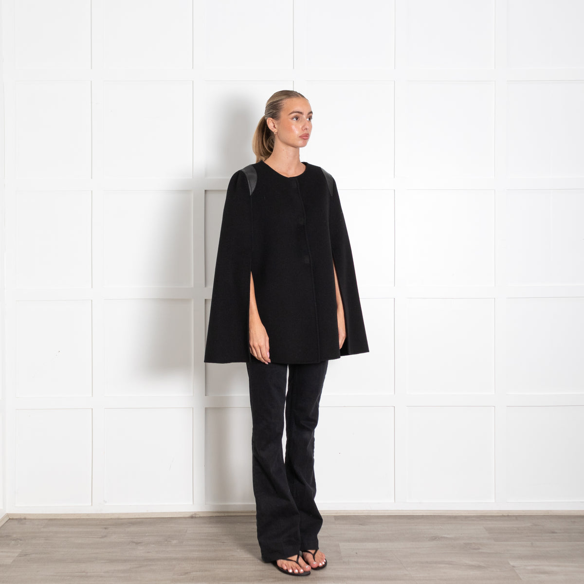 Joseph Black Wool Cape with Leather Shoulder Trim
