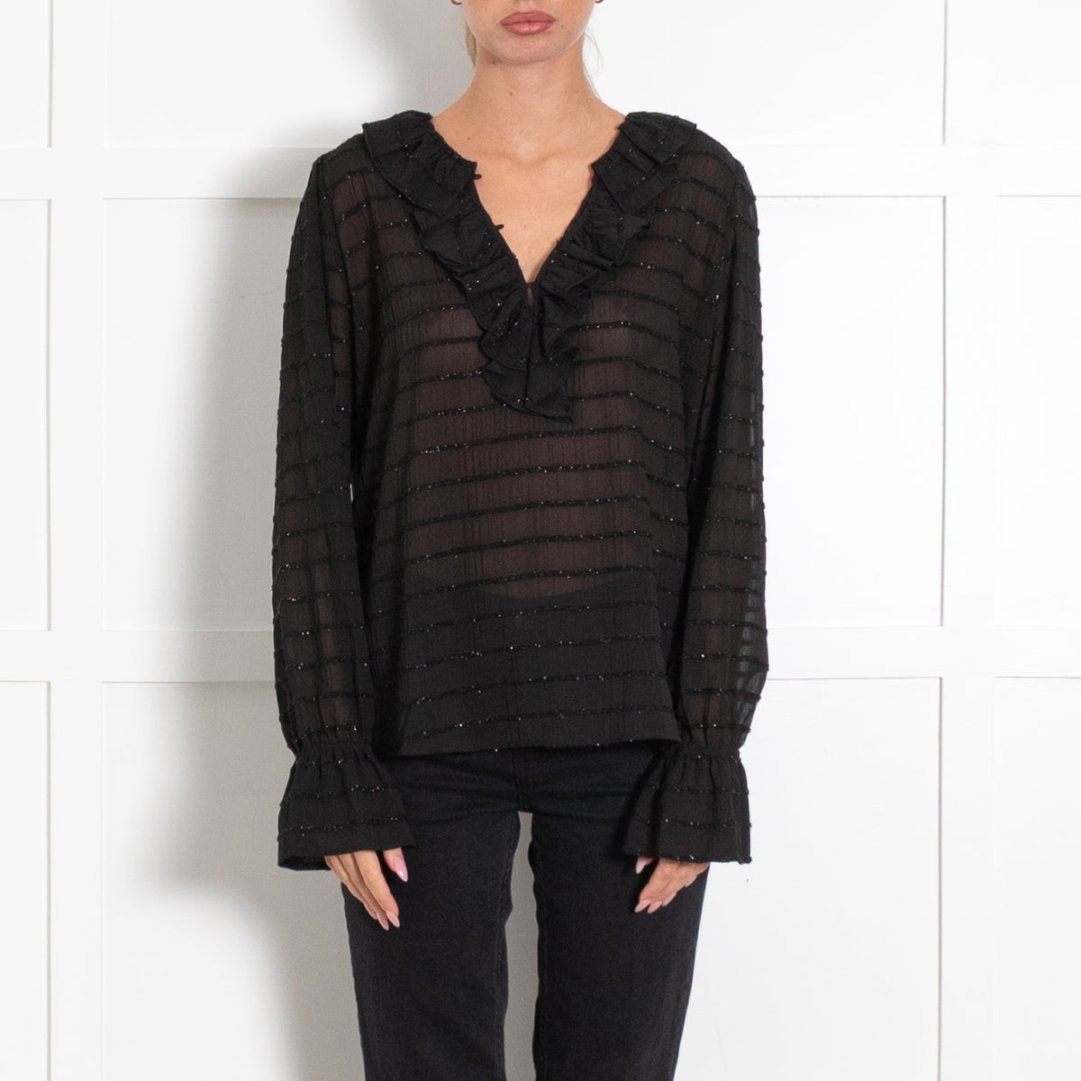 Dea Kudibal Black Joanna V Neck Metallic Stripe Blouse