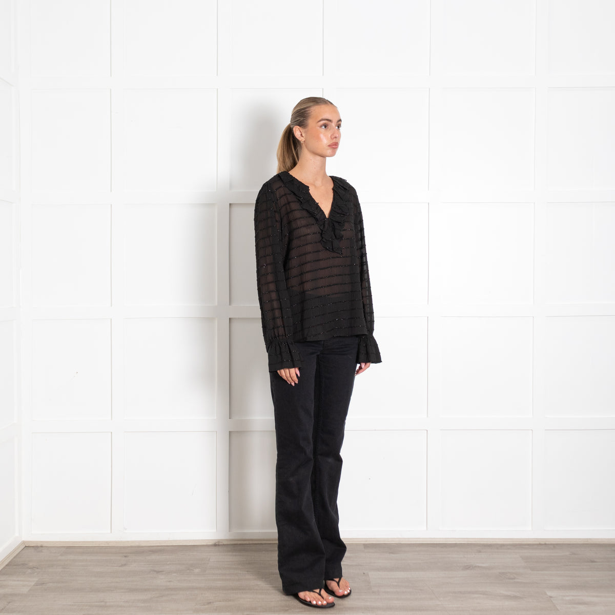 Dea Kudibal Black Joanna V Neck Metallic Stripe Blouse
