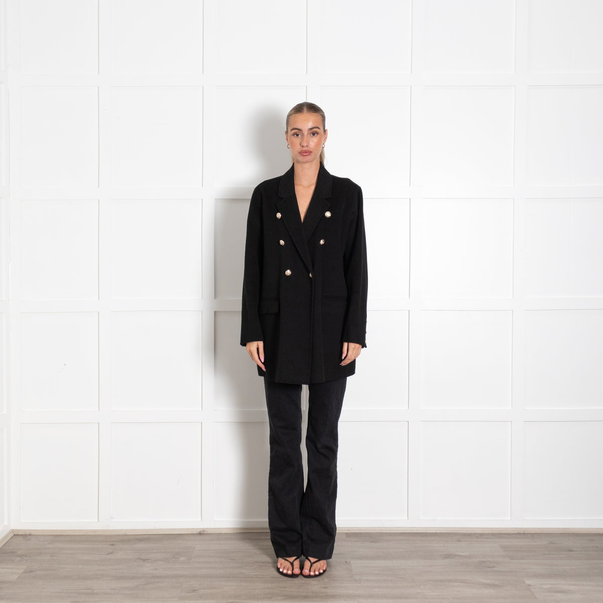 Maje Black Wool Double Breasted Longline Blazer with Gold Buttons