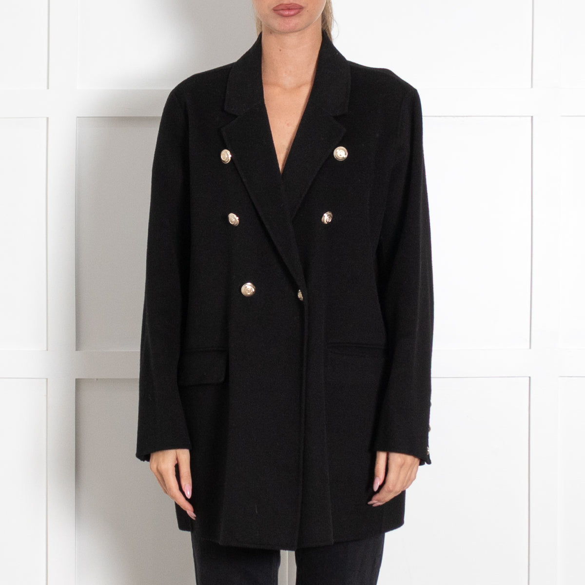 Maje Black Wool Double Breasted Longline Blazer with Gold Buttons
