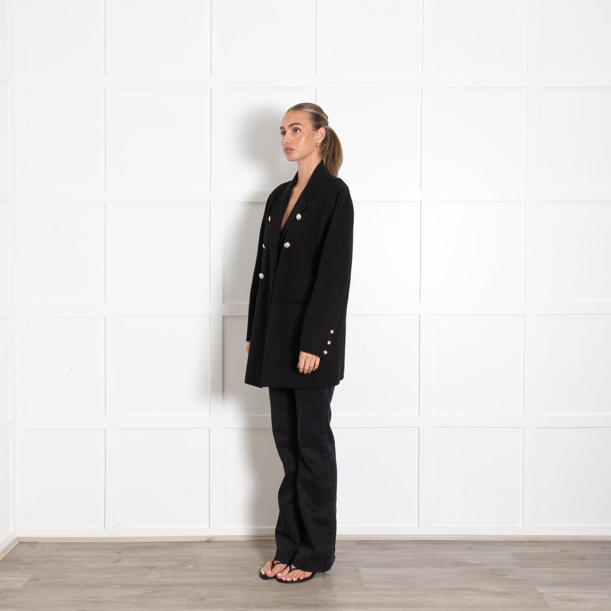 Maje Black Wool Double Breasted Longline Blazer with Gold Buttons