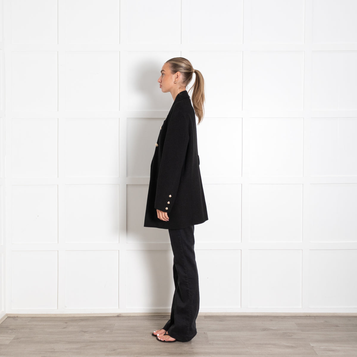 Maje Black Wool Double Breasted Longline Blazer with Gold Buttons