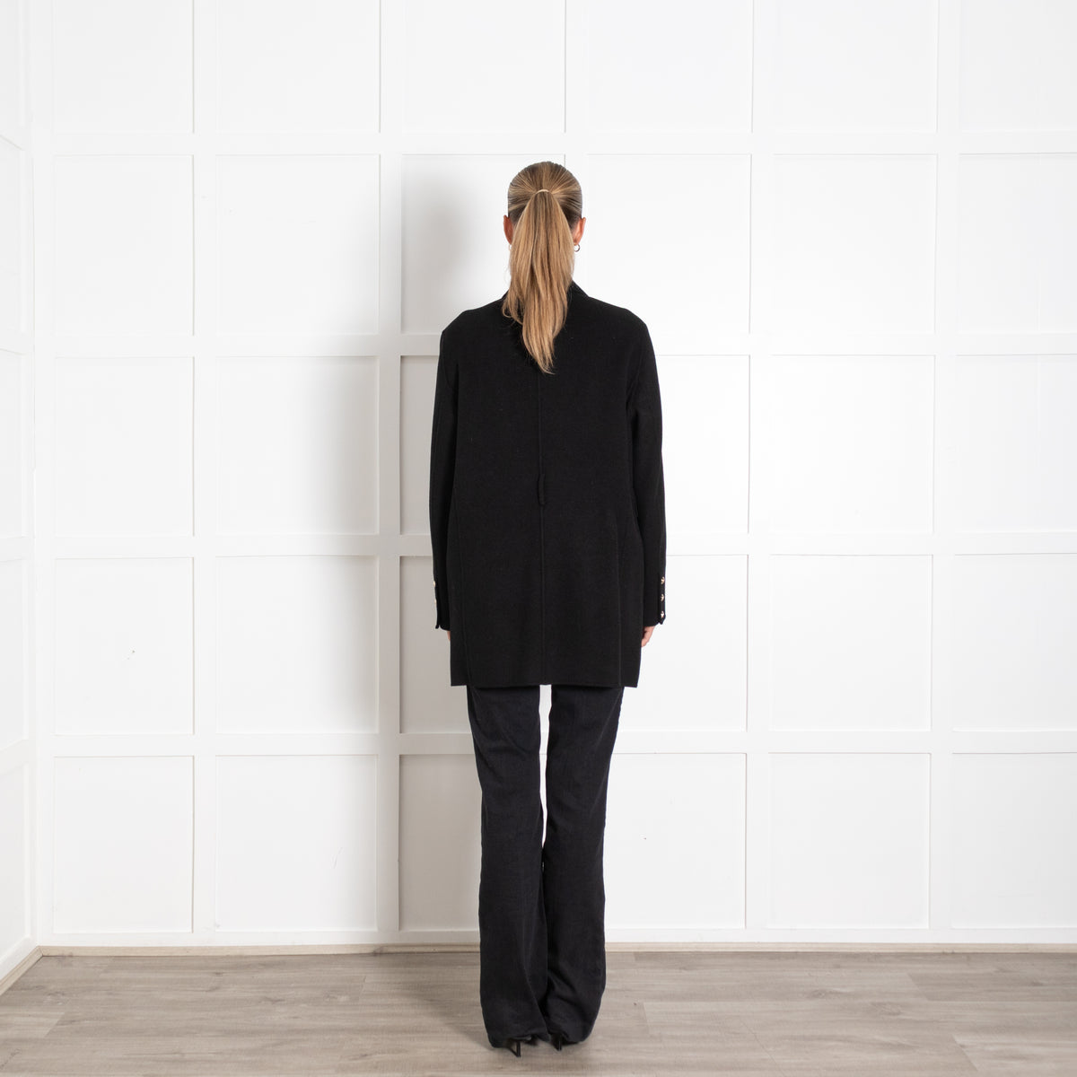 Maje Black Wool Double Breasted Longline Blazer with Gold Buttons