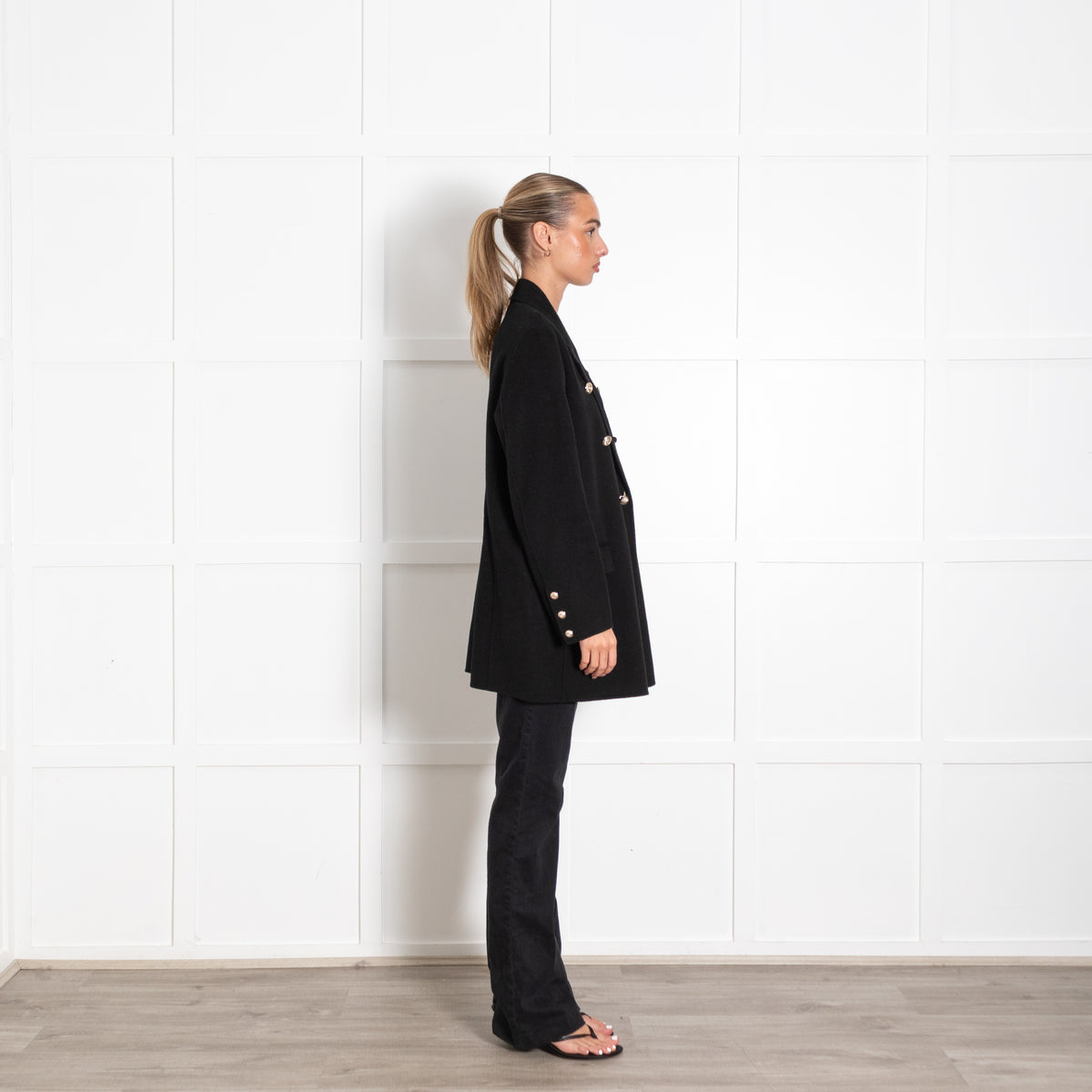 Maje Black Wool Double Breasted Longline Blazer with Gold Buttons