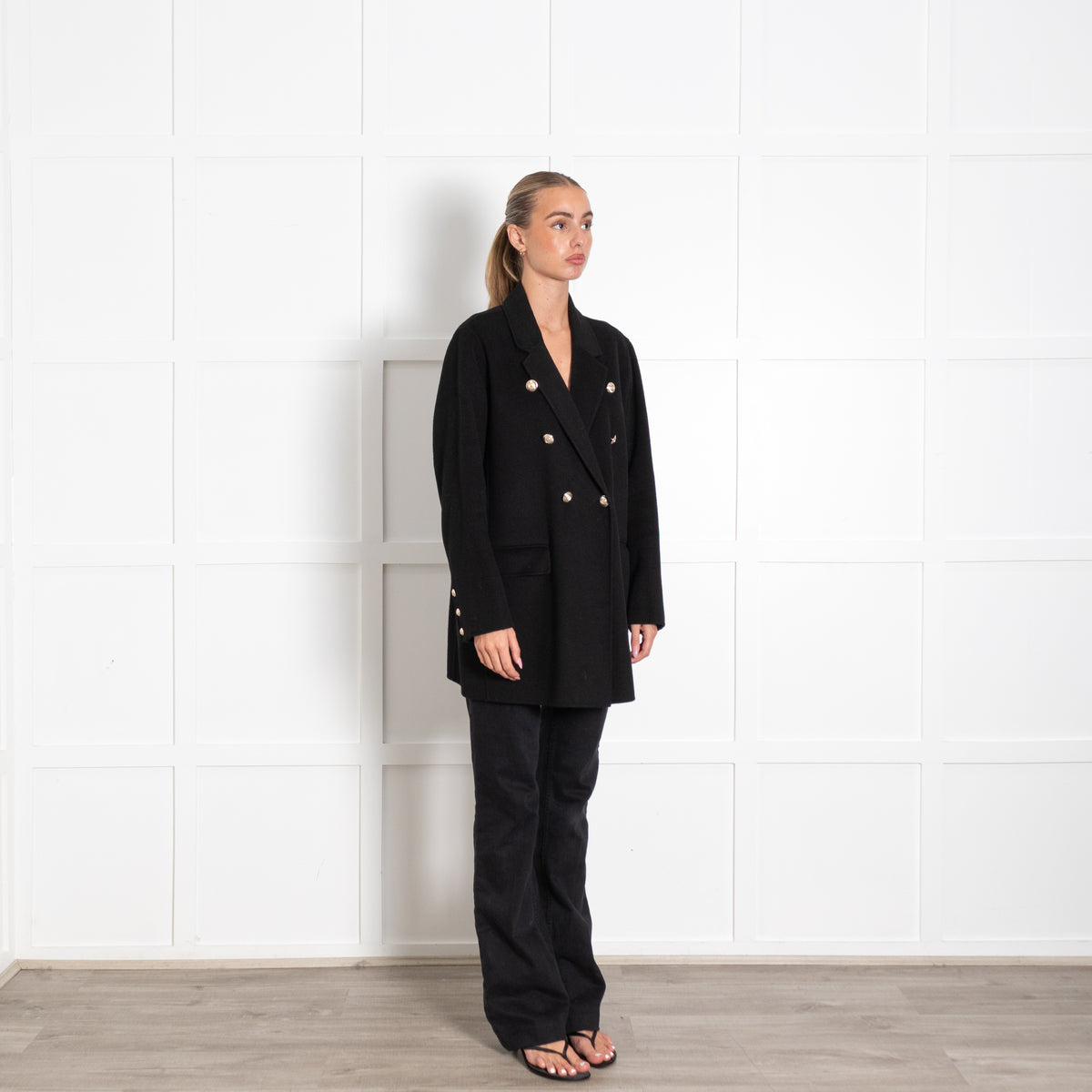 Maje Black Wool Double Breasted Longline Blazer with Gold Buttons