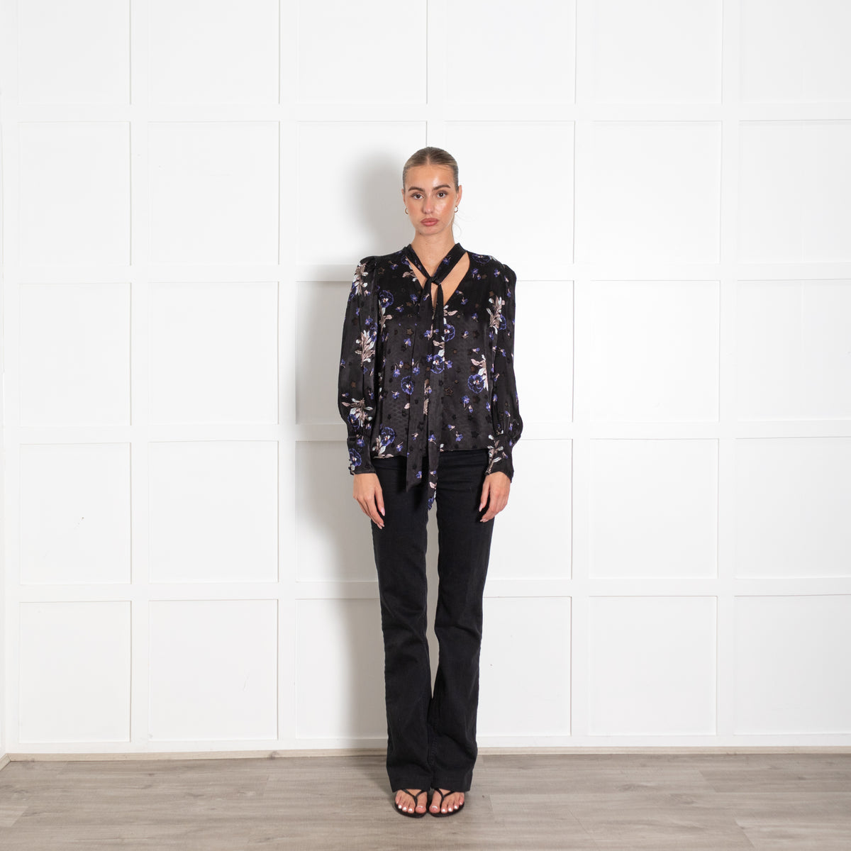 Rebecca Taylor Black Floral Satin Silk Mix Tie Neck Blouse