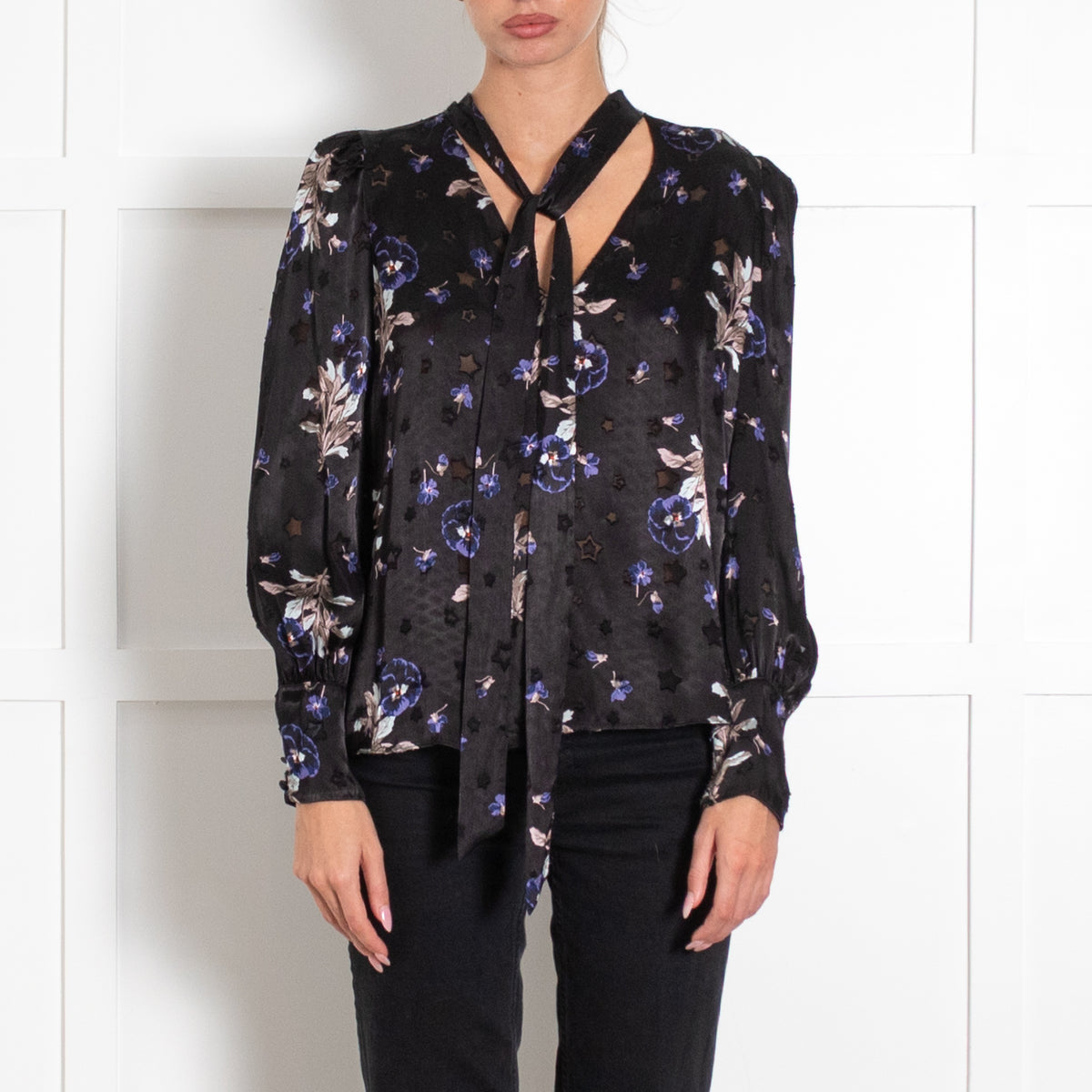 Rebecca Taylor Black Floral Satin Silk Mix Tie Neck Blouse