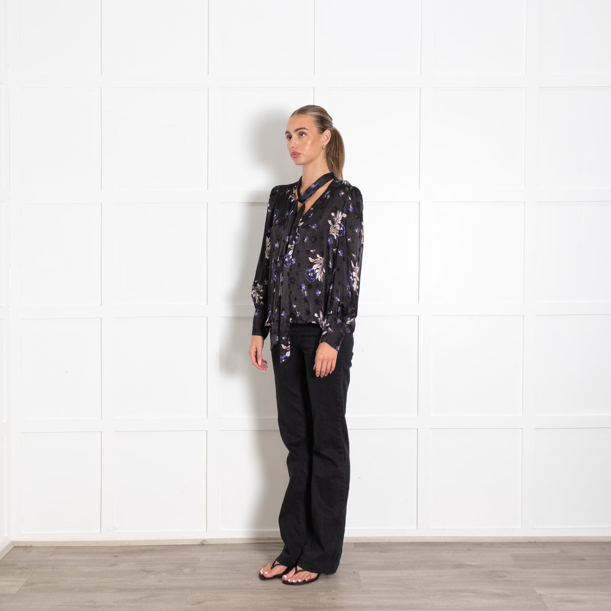 Rebecca Taylor Black Floral Satin Silk Mix Tie Neck Blouse