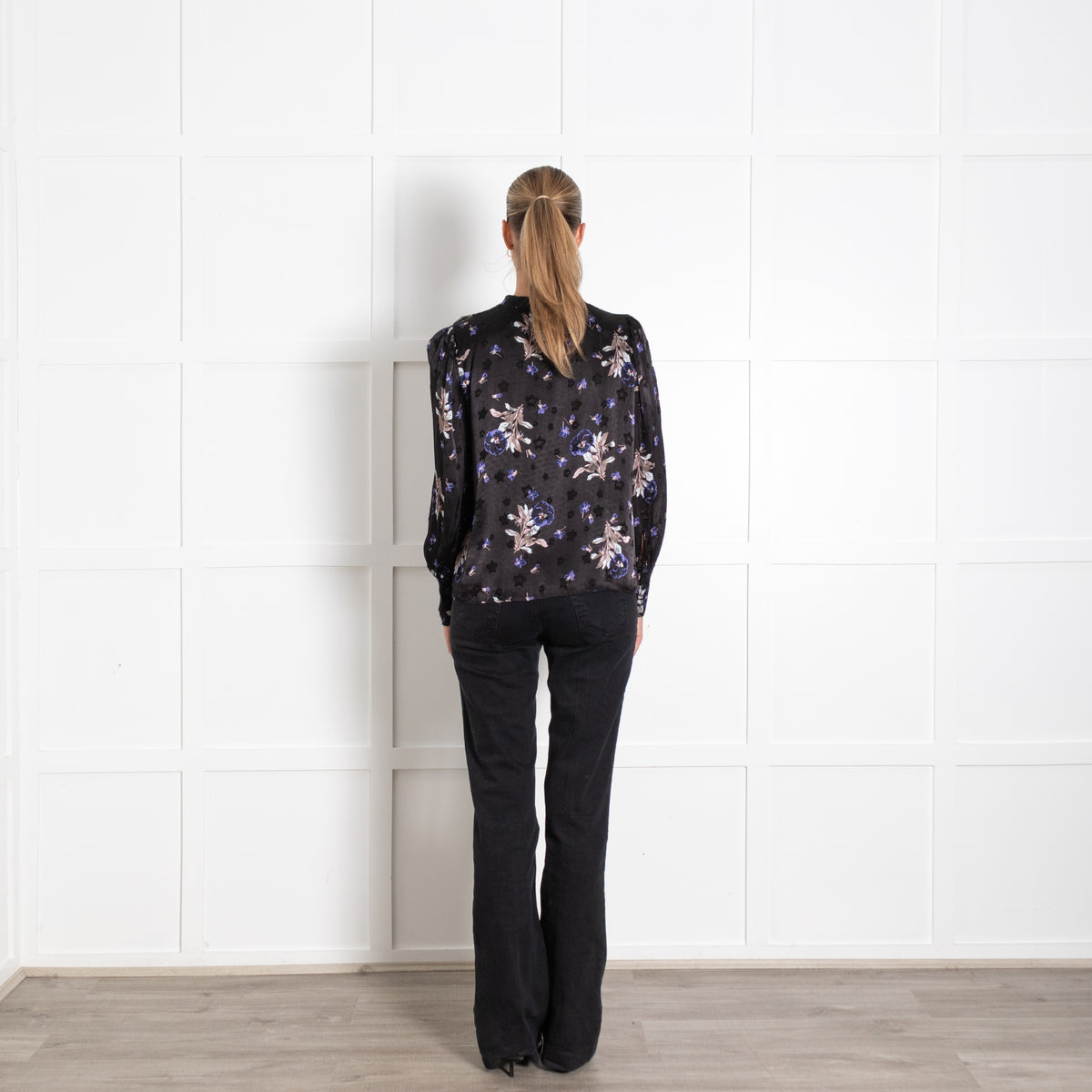 Rebecca Taylor Black Floral Satin Silk Mix Tie Neck Blouse