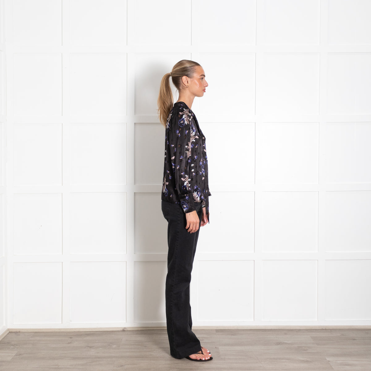 Rebecca Taylor Black Floral Satin Silk Mix Tie Neck Blouse