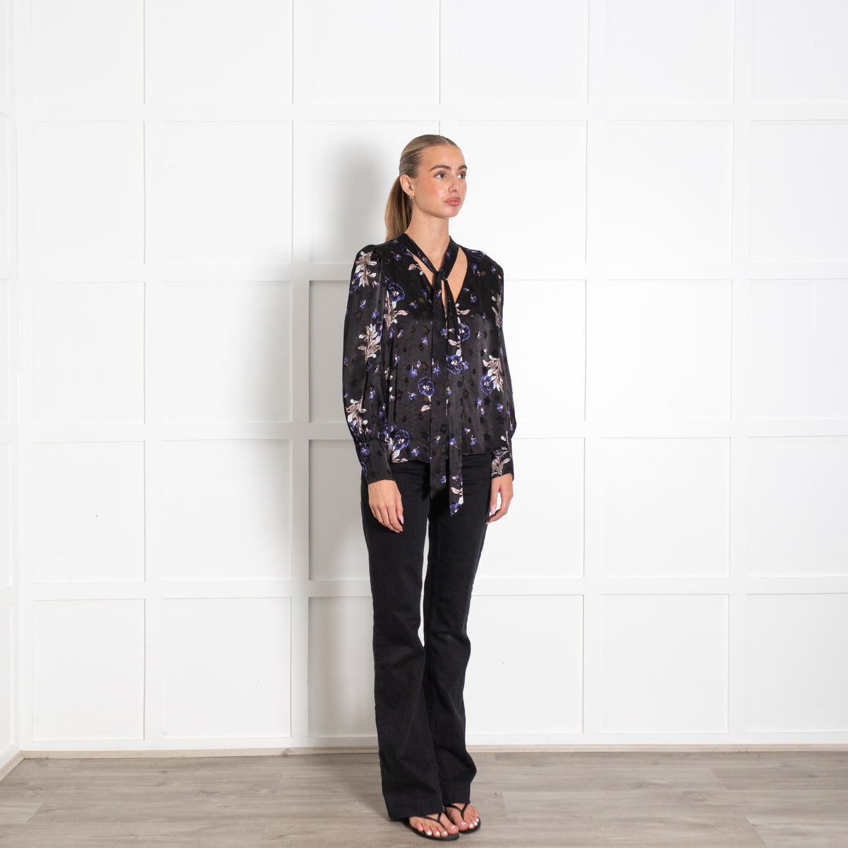 Rebecca Taylor Black Floral Satin Silk Mix Tie Neck Blouse