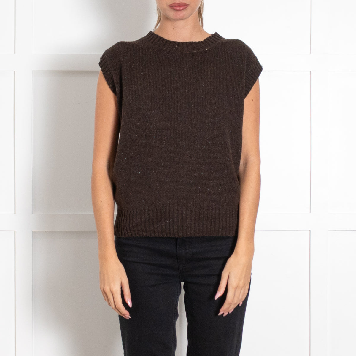 Margaret Howell Brown Merino Wool, Silk, Cashmere Blend Knit Boxy Sleeveless Jumper