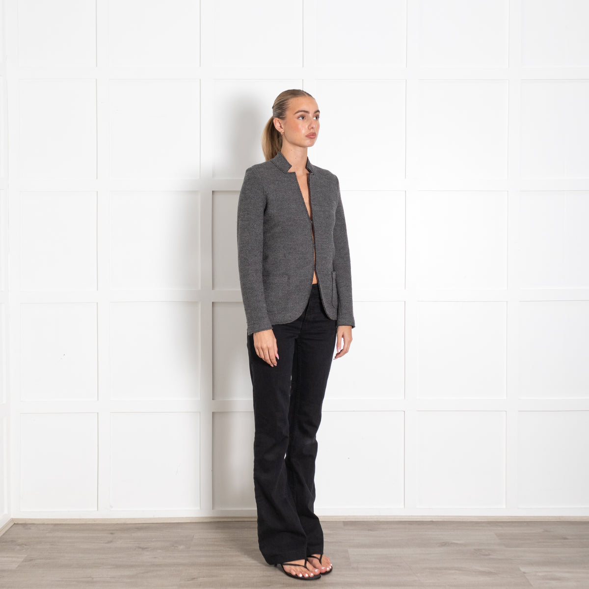 Falconeri Grey Wool Blazer With Hook And Eye Front Closure