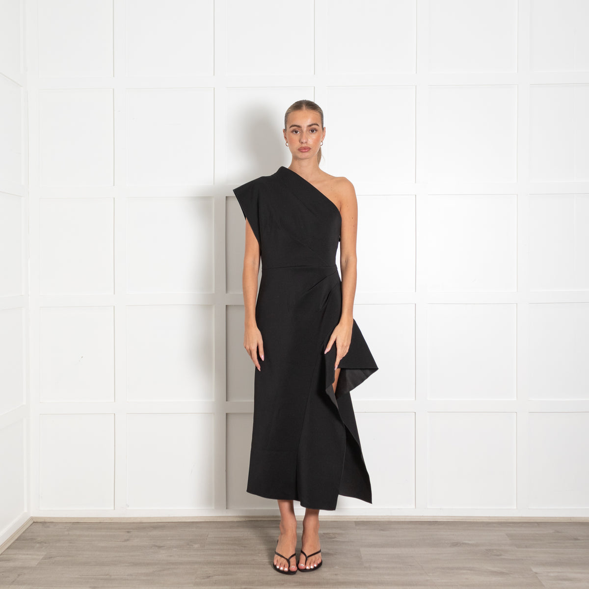 Acler Black Eddington One Shoulder Midi Dress