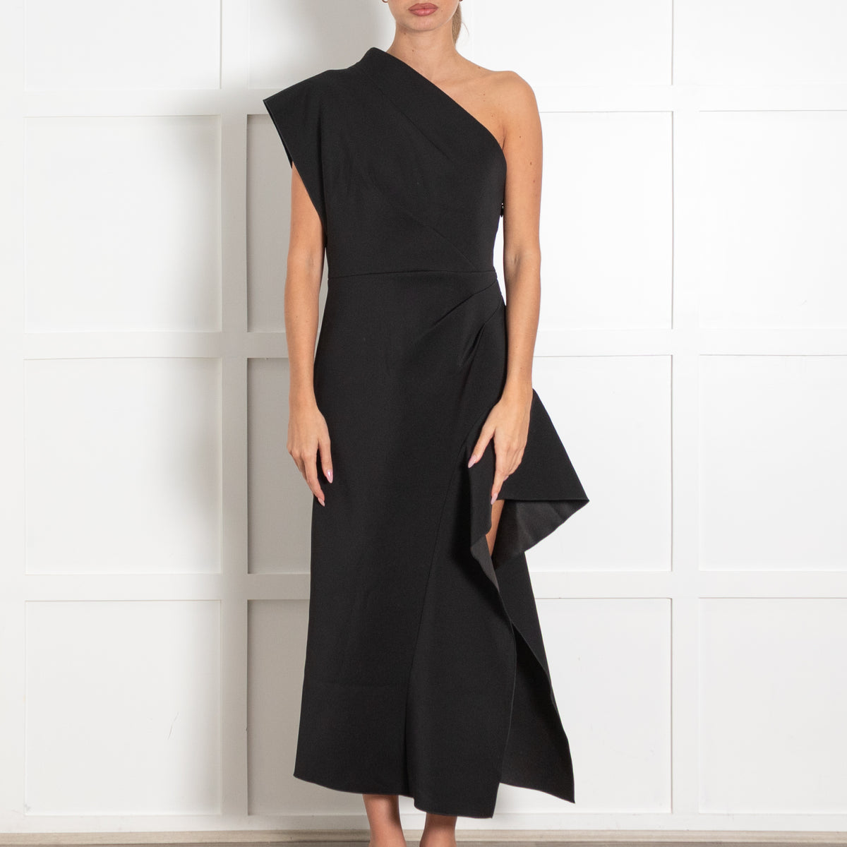 Acler Black Eddington One Shoulder Midi Dress