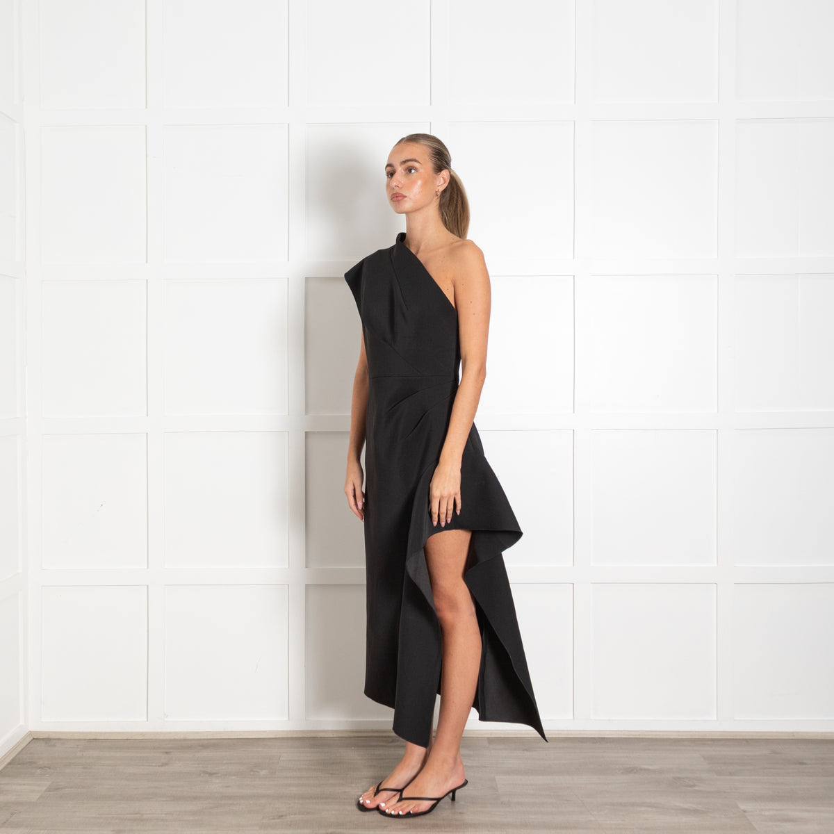 Acler Black Eddington One Shoulder Midi Dress