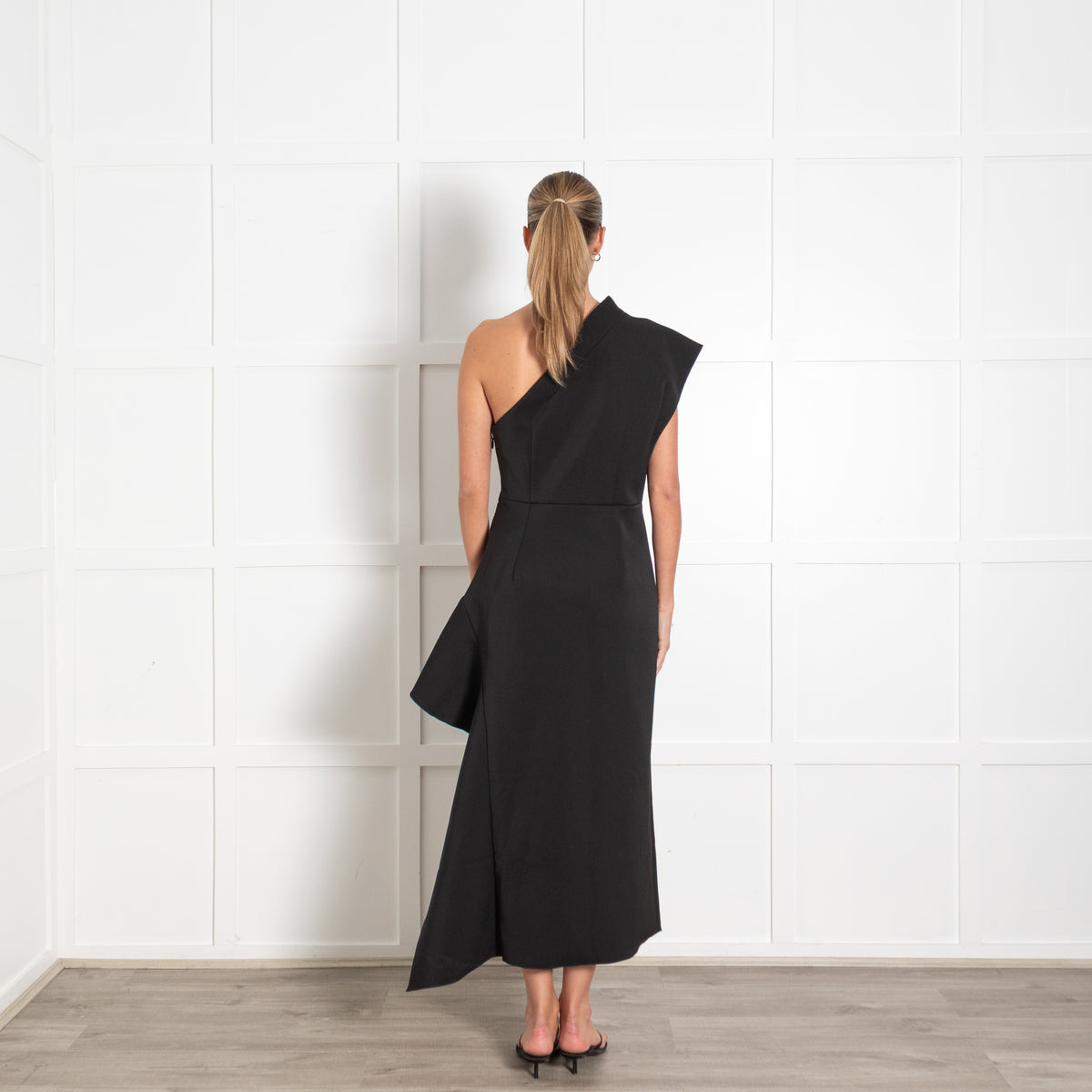 Acler Black Eddington One Shoulder Midi Dress