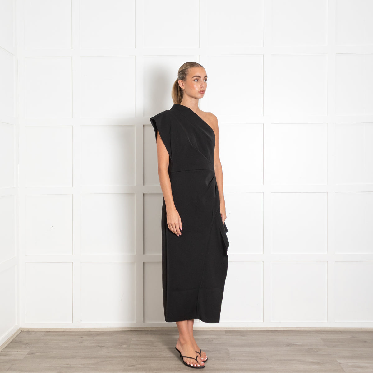 Acler Black Eddington One Shoulder Midi Dress