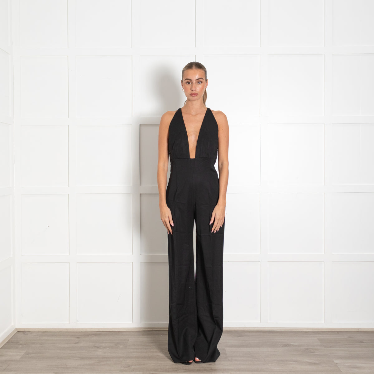 La Mania Black V Neck Jumpsuit With Back Lace Panel