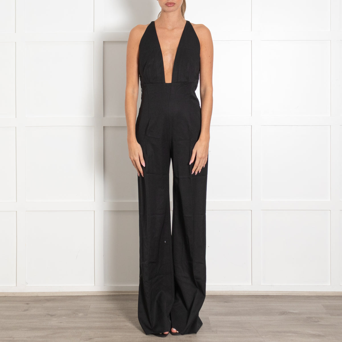 La Mania Black V Neck Jumpsuit With Back Lace Panel