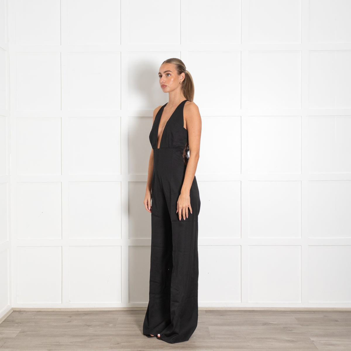La Mania Black V Neck Jumpsuit With Back Lace Panel