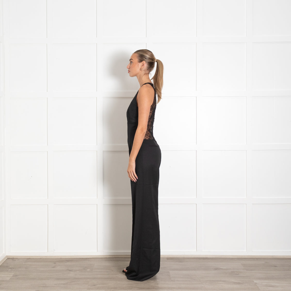 La Mania Black V Neck Jumpsuit With Back Lace Panel