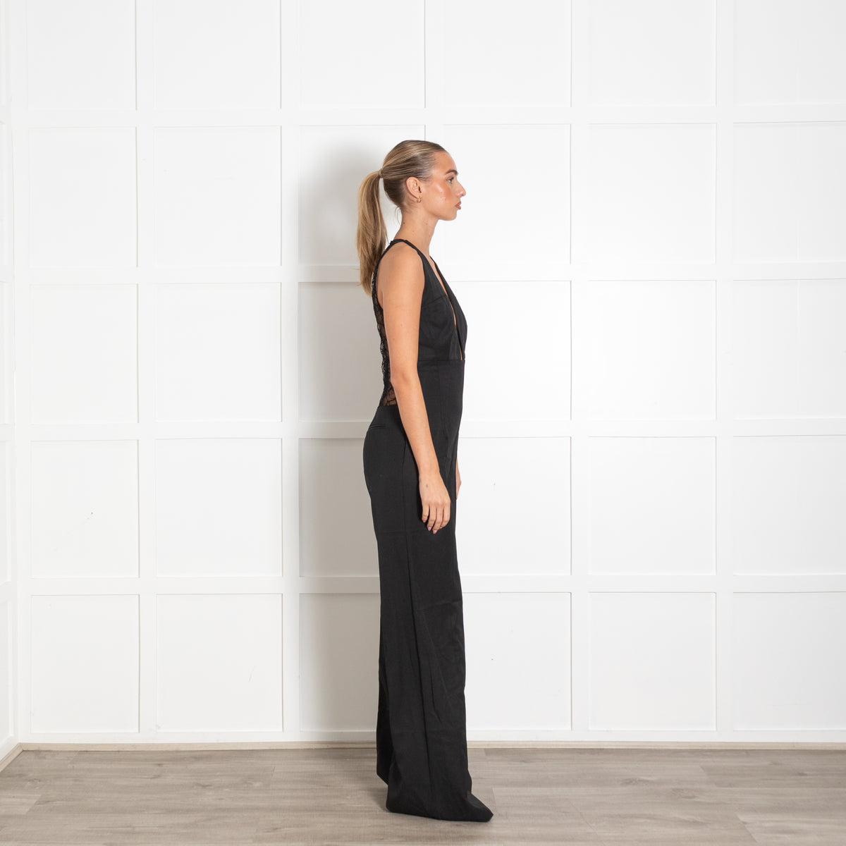 La Mania Black V Neck Jumpsuit With Back Lace Panel