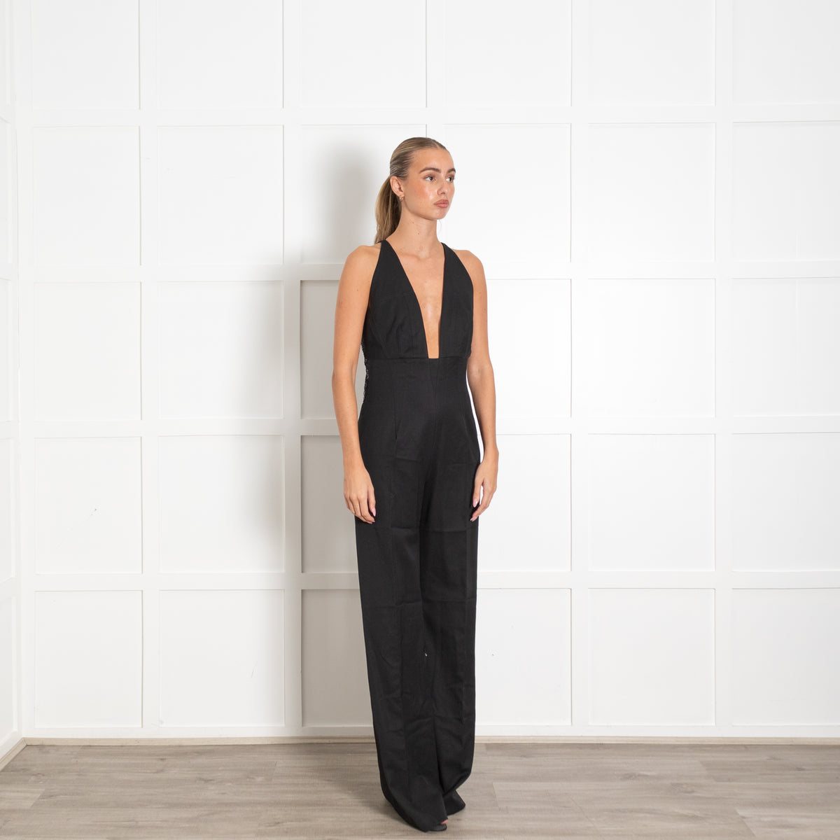 La Mania Black V Neck Jumpsuit With Back Lace Panel