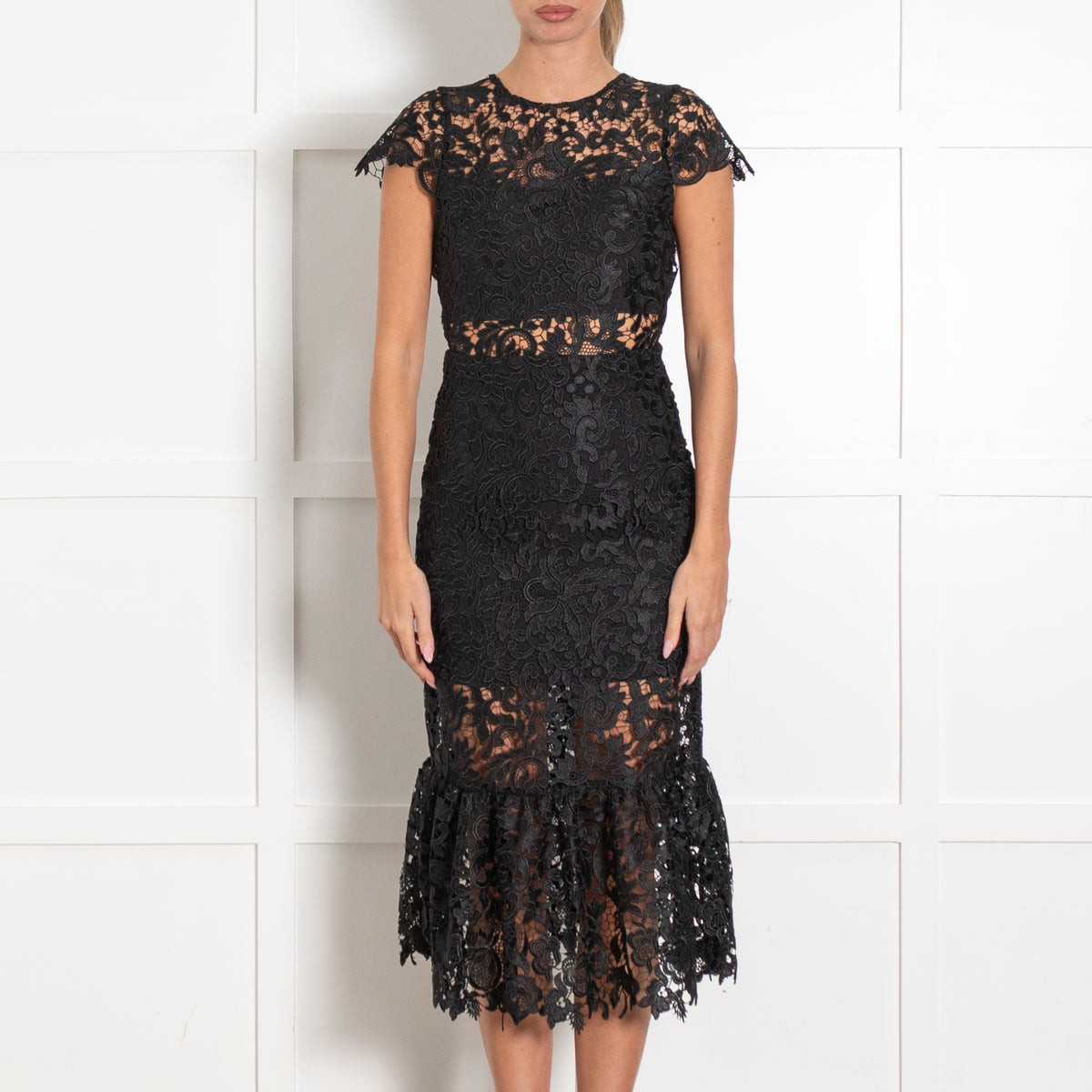 Alice + Olivia Black Clover Lace Open Back Midi Dress
