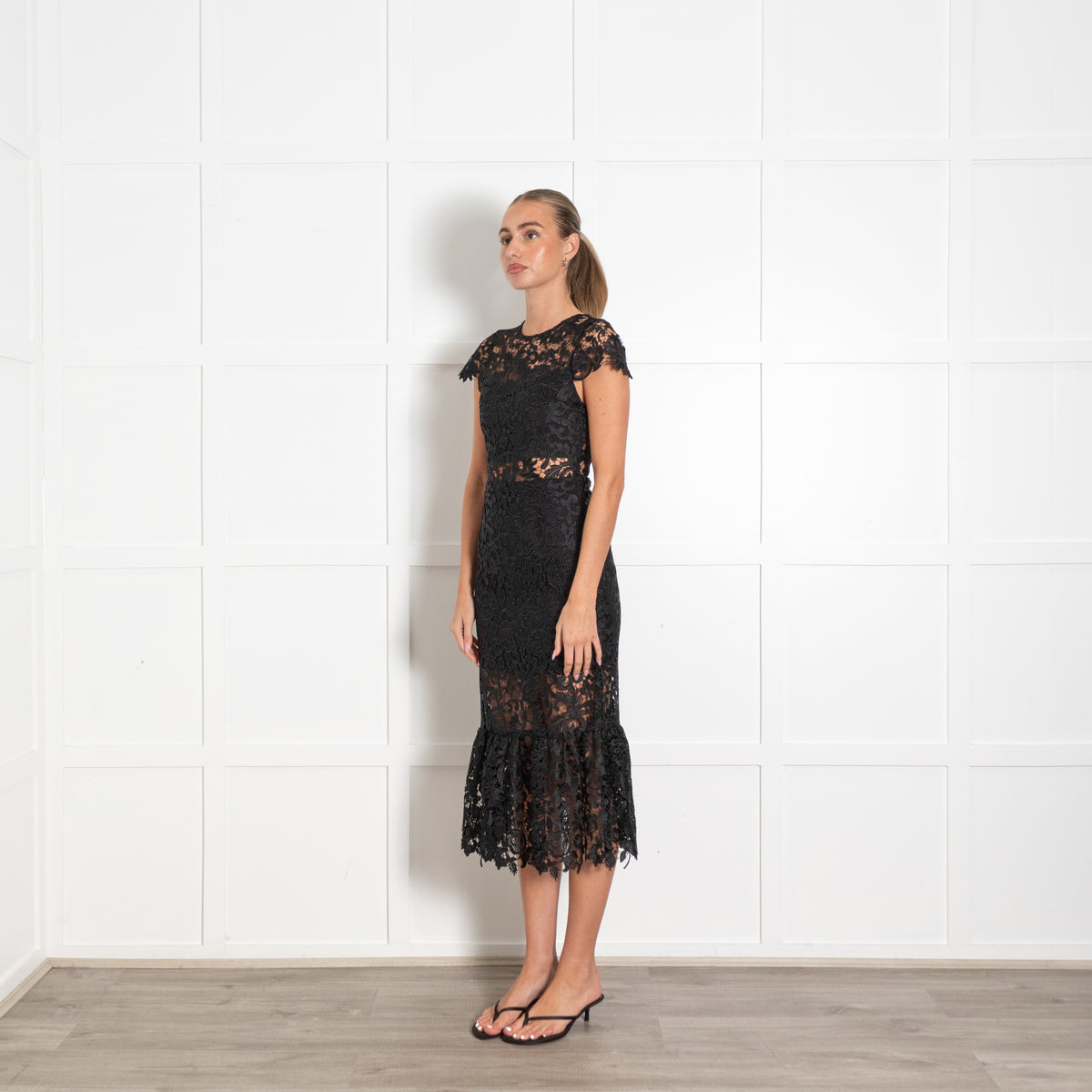 Alice + Olivia Black Clover Lace Open Back Midi Dress