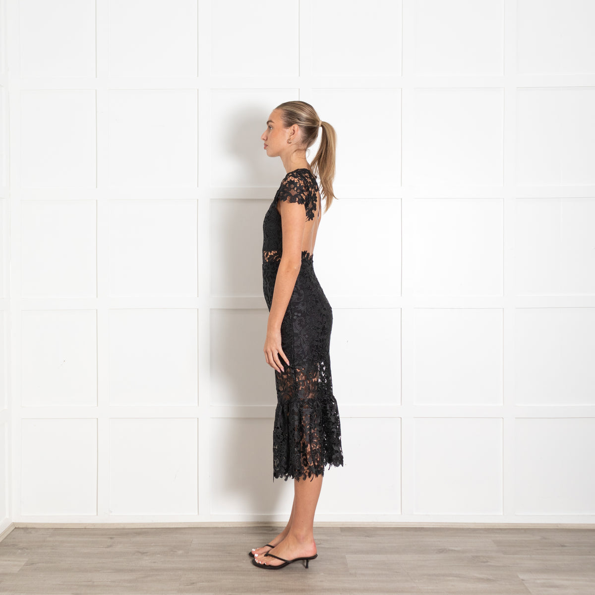 Alice + Olivia Black Clover Lace Open Back Midi Dress