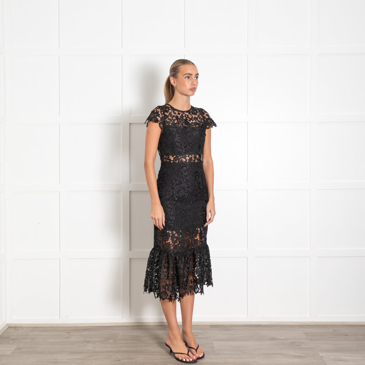 Alice + Olivia Black Clover Lace Open Back Midi Dress
