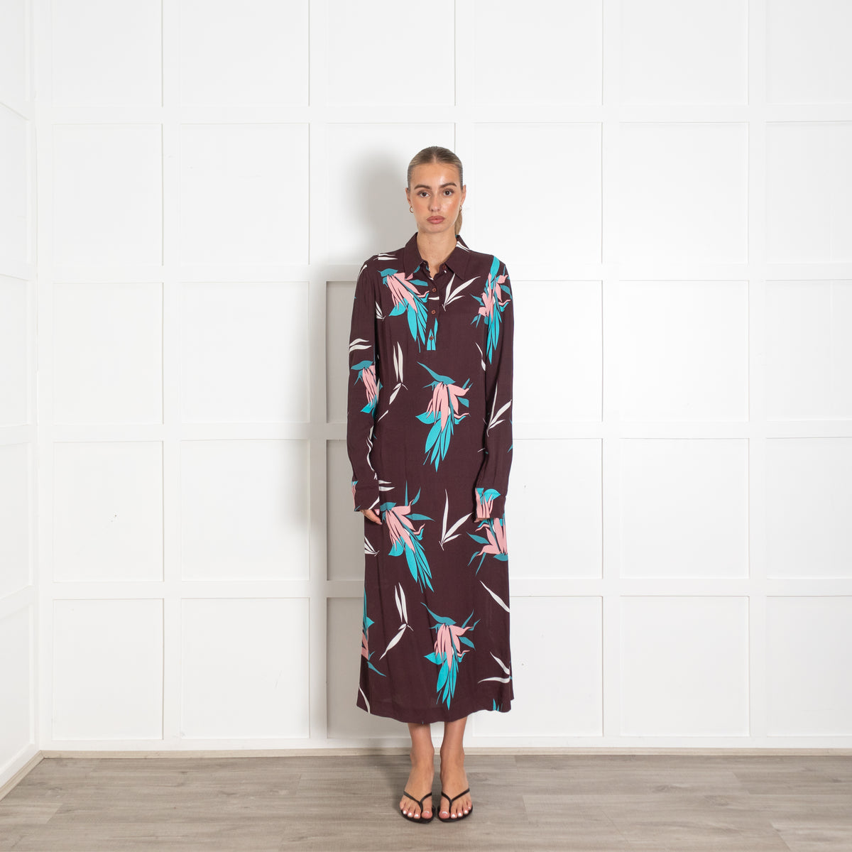 Marni Burgundy Blue Floral Long Sleeve Dress