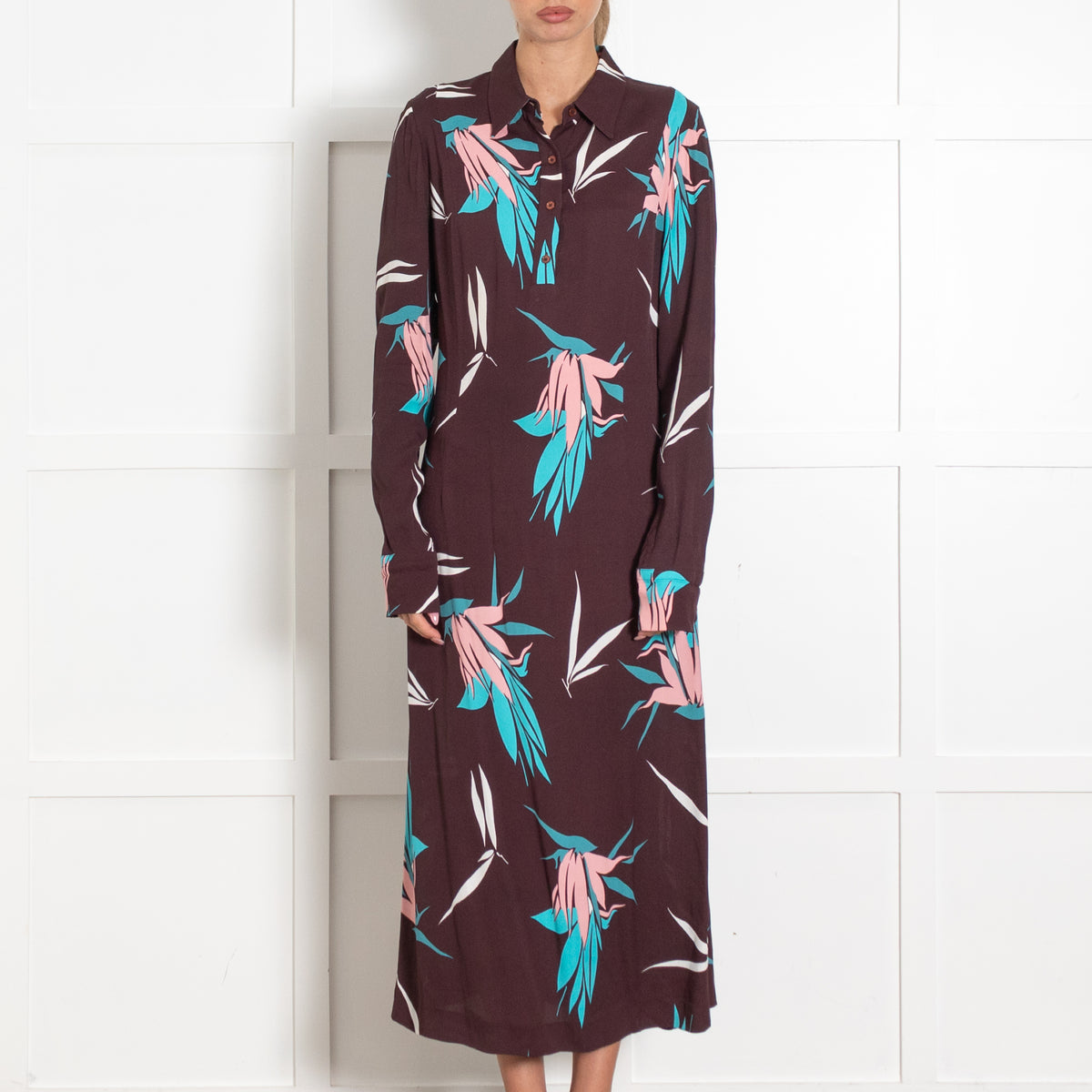 Marni Burgundy Blue Floral Long Sleeve Dress