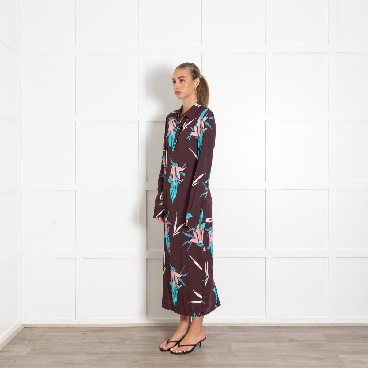 Marni Burgundy Blue Floral Long Sleeve Dress