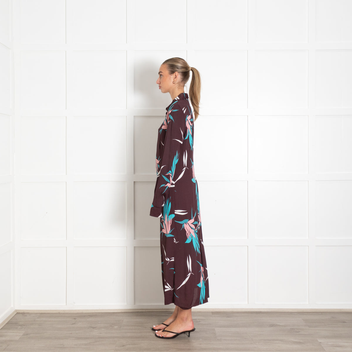Marni Burgundy Blue Floral Long Sleeve Dress