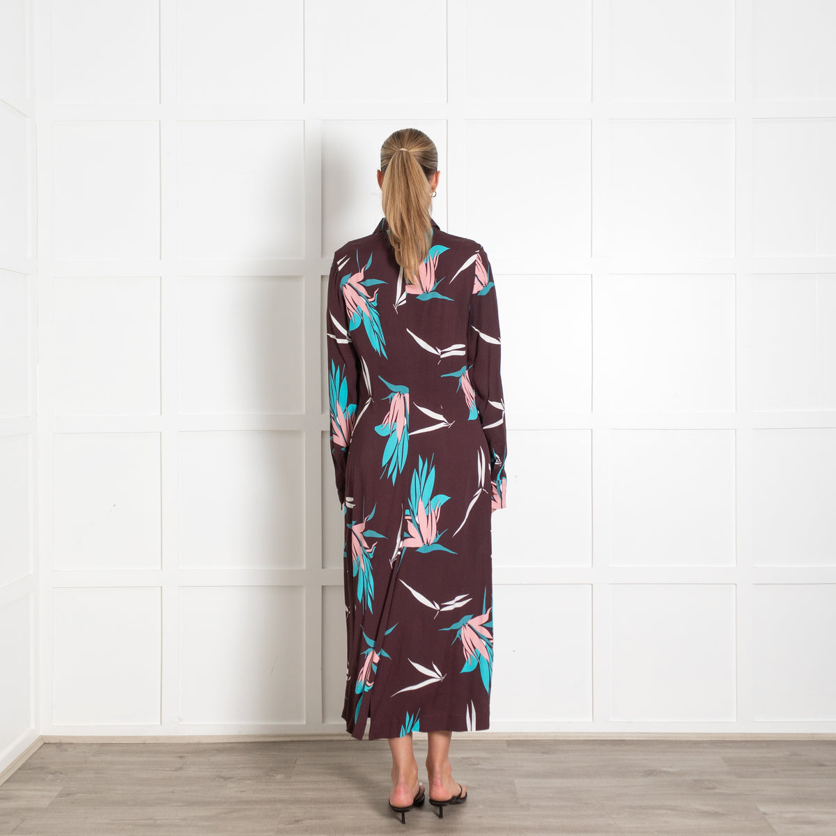 Marni Burgundy Blue Floral Long Sleeve Dress