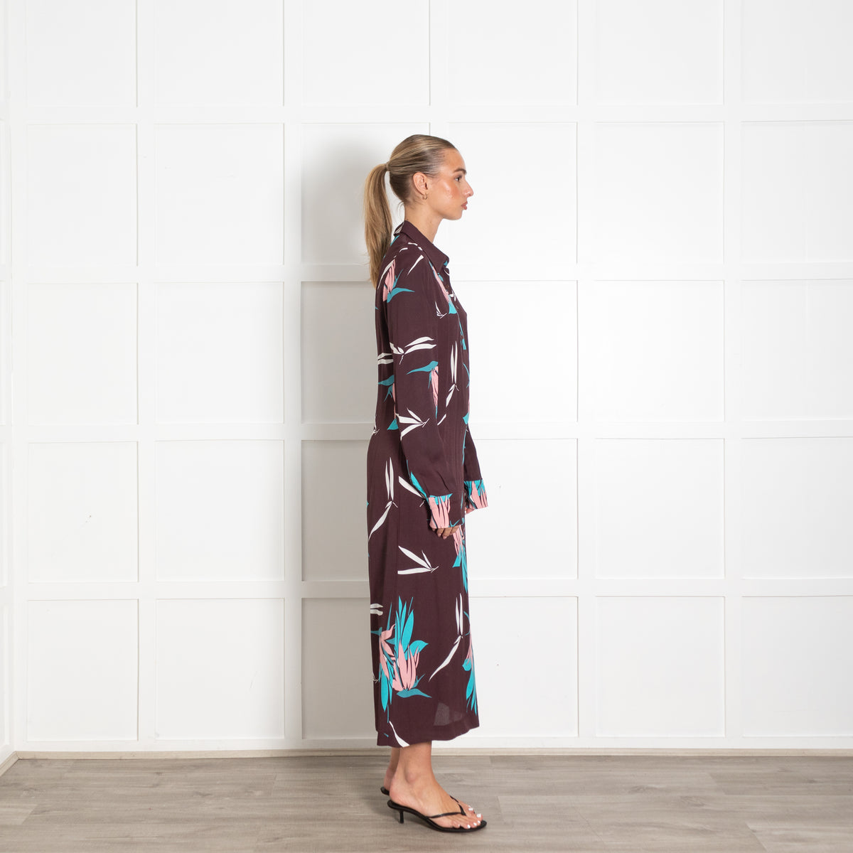 Marni Burgundy Blue Floral Long Sleeve Dress