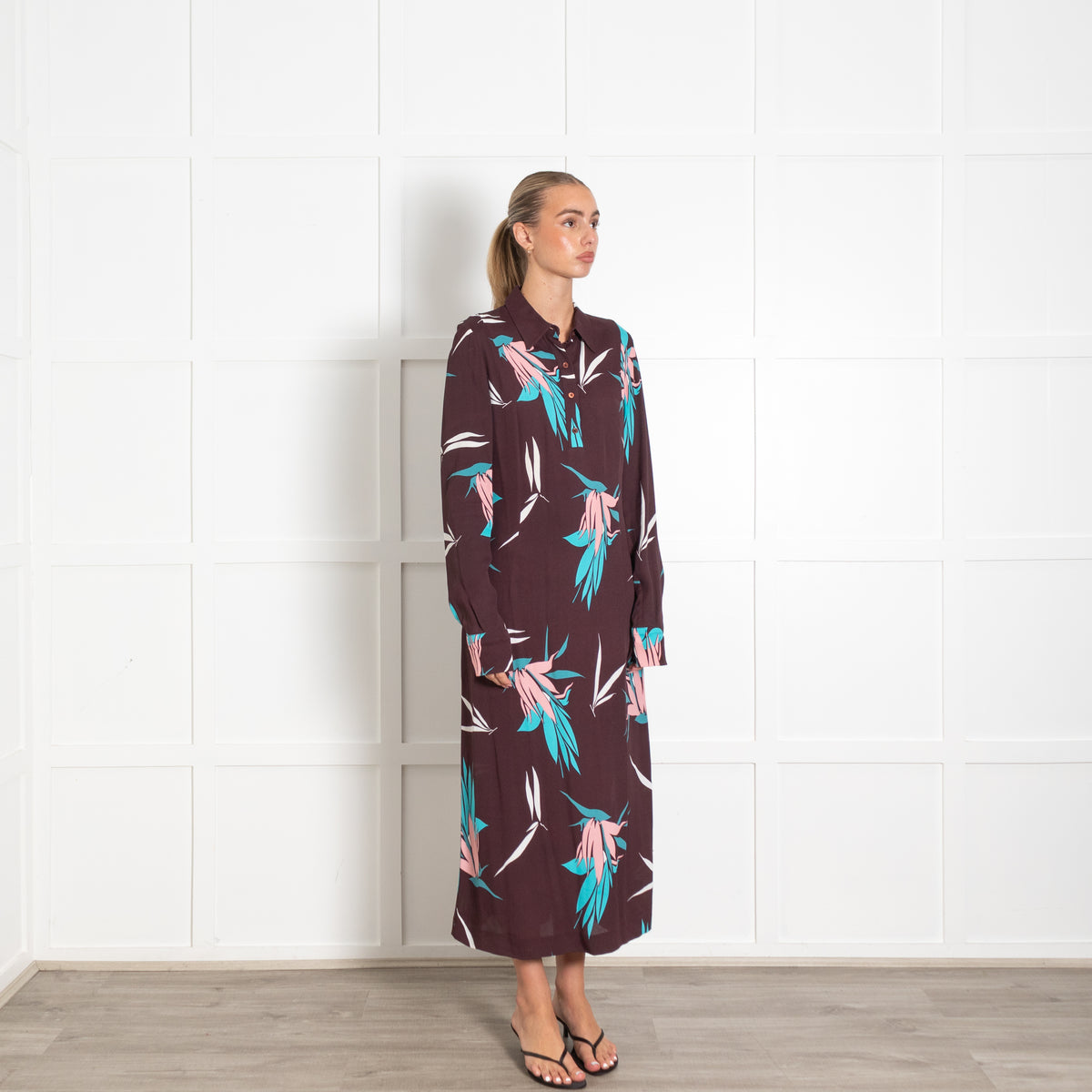 Marni Burgundy Blue Floral Long Sleeve Dress