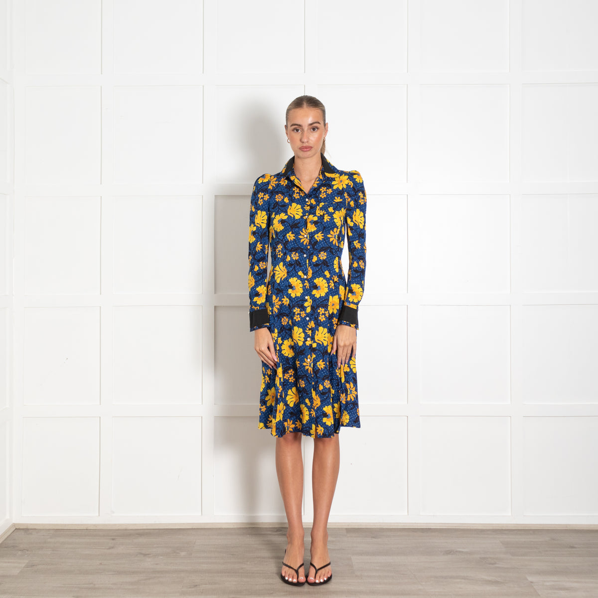 Altuzarra Navy Yellow Floral Faux pearl Button Dress