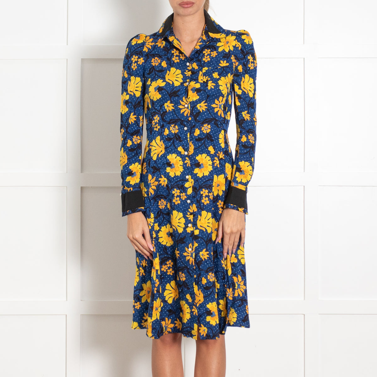 Altuzarra Navy Yellow Floral Faux pearl Button Dress