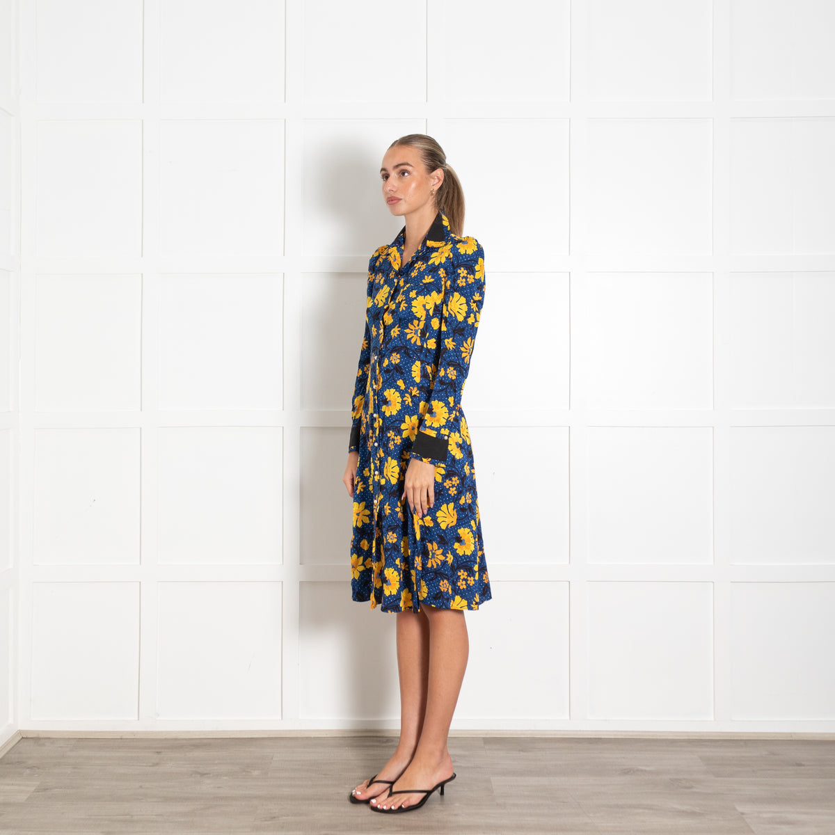Altuzarra Navy Yellow Floral Faux pearl Button Dress