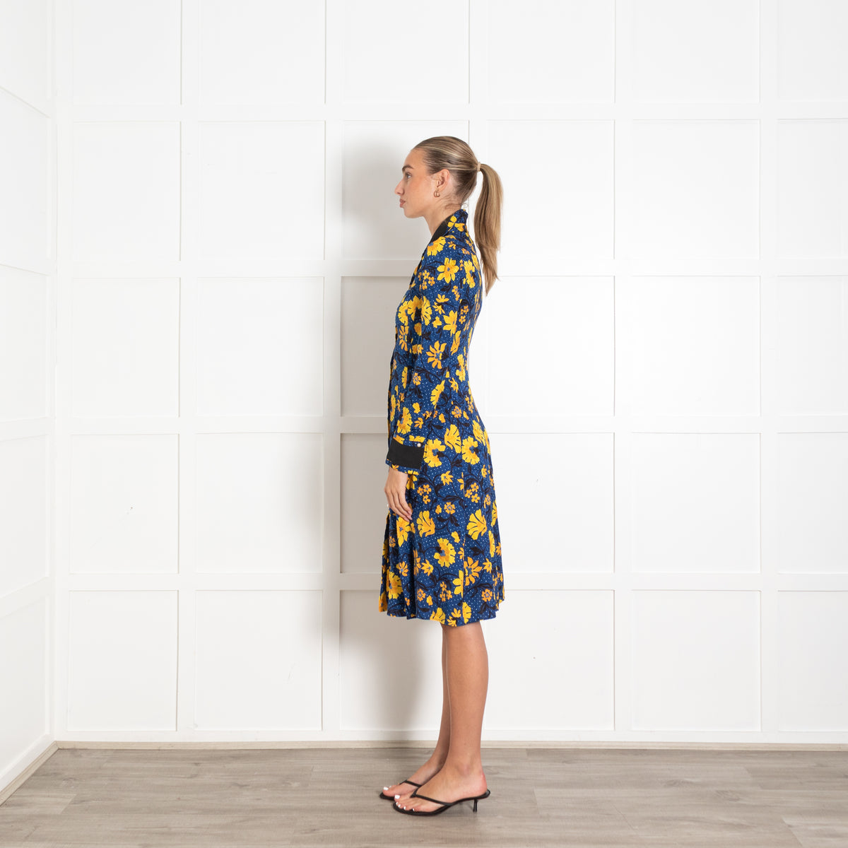 Altuzarra Navy Yellow Floral Faux pearl Button Dress
