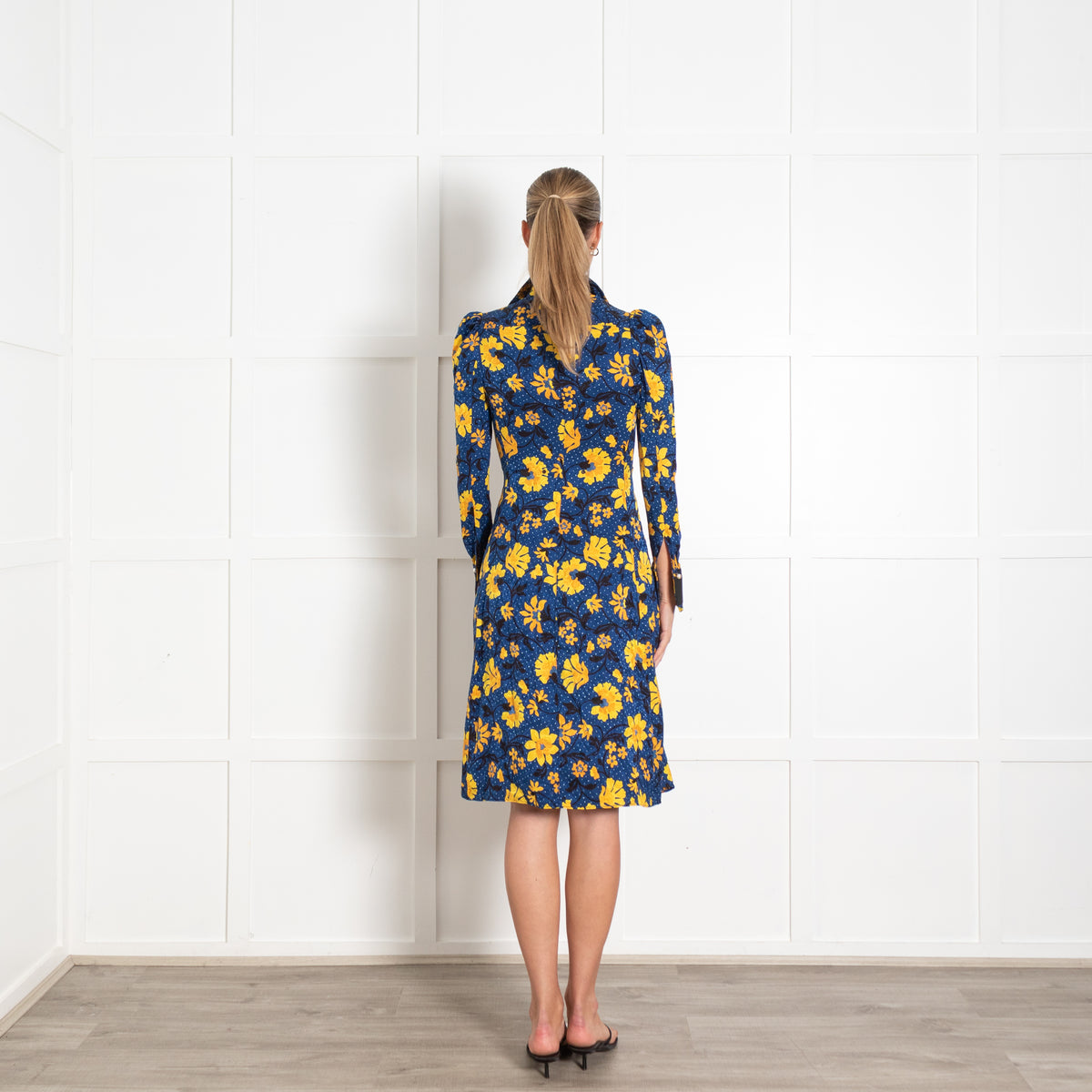 Altuzarra Navy Yellow Floral Faux pearl Button Dress
