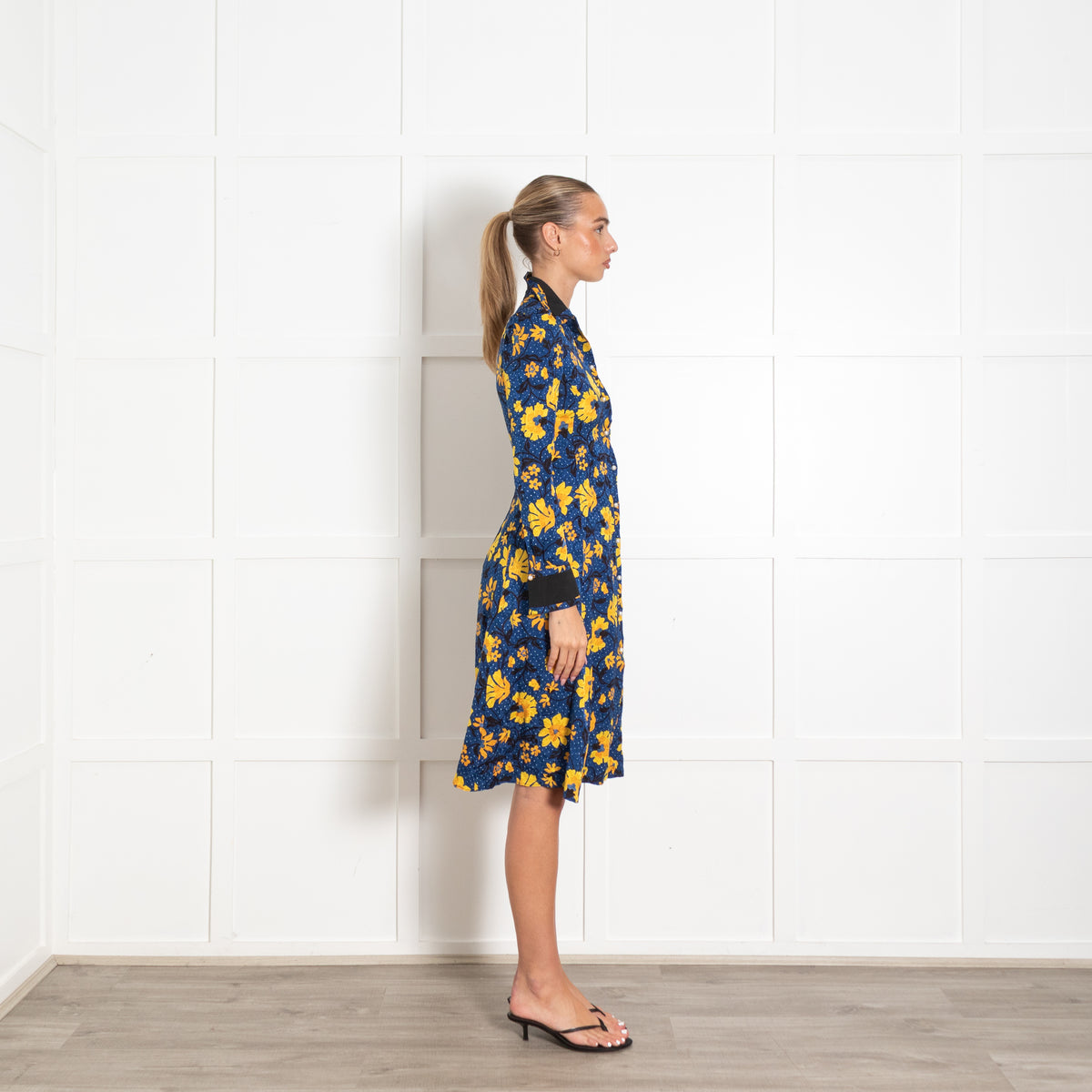Altuzarra Navy Yellow Floral Faux pearl Button Dress