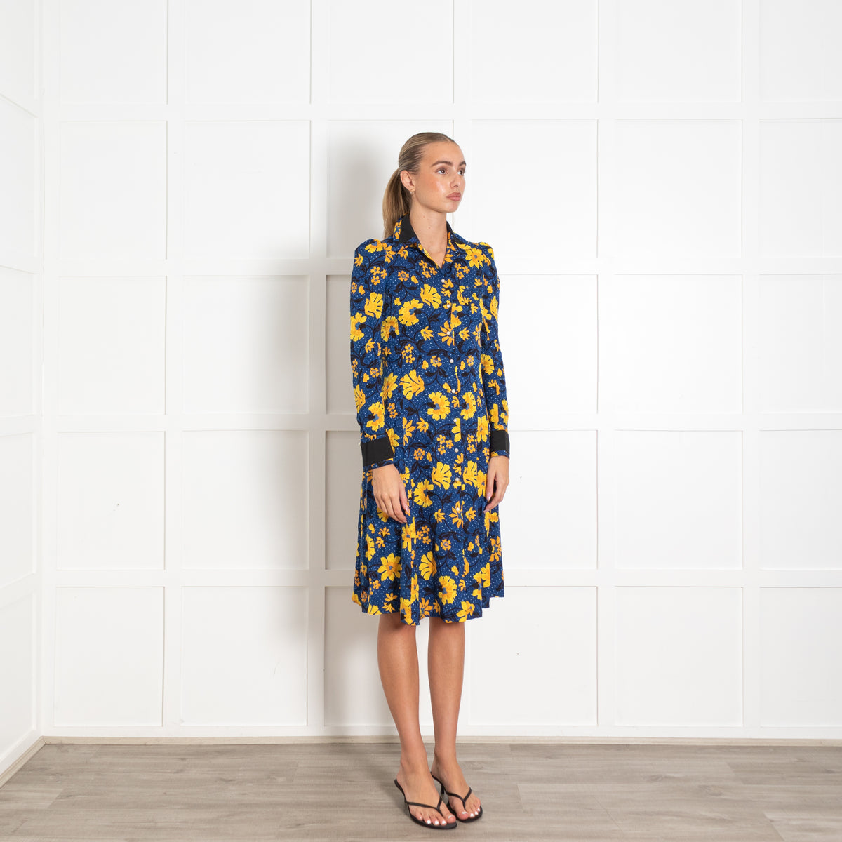 Altuzarra Navy Yellow Floral Faux pearl Button Dress