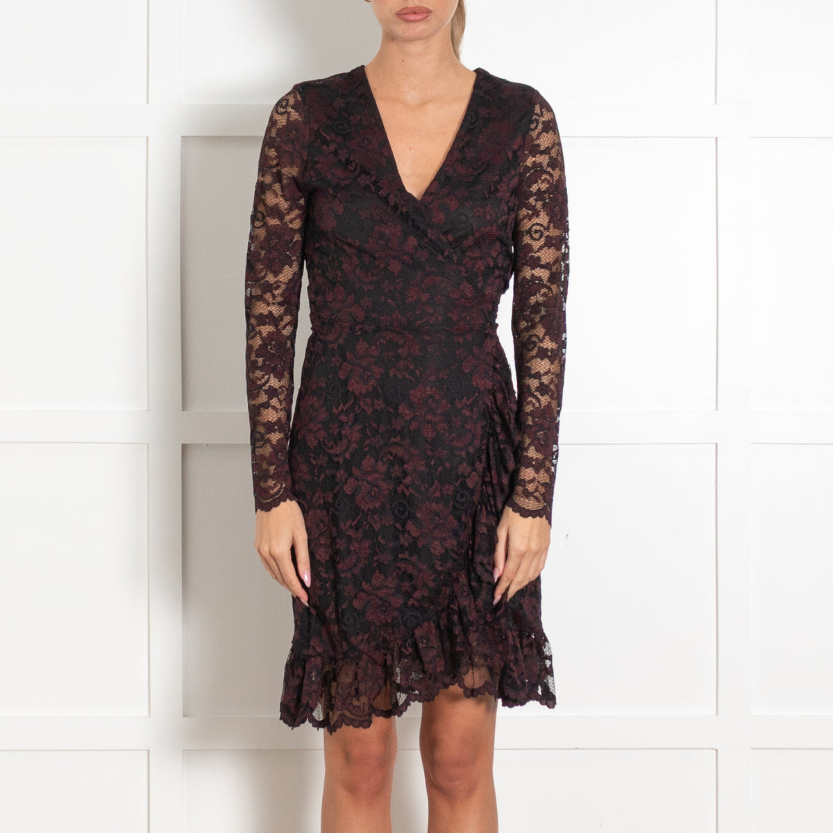 Ganni Black and Burgundy Lace Wrap Dress